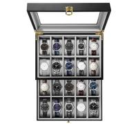 Uten Watch Box 20 Slots, 2-Tier Wood Watch Case with Glass Lid, Watch Display Storage Box for Men and Women, Removable Watch Pillows, Metal Clasp, Piano Lacquer Wood, Black Velvet Lining, Gift Idea