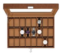 Uten Watch Box 24 Slots, Watch Case with Key Lock, Glass Lid, Watch Display Storage Box for Men and Women, Brown Synthetic Leather, Brown Velvet Lining, Removable Pillows, Gift Idea