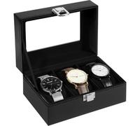 Uten Watch Box 3 Slots, Watch Case with Glass Lid, Metal Clasp, Watch Display Storage Box for Men and Women, Black Synthetic Leather, Black Velvet Lining, Removable Pillows, Gift Idea