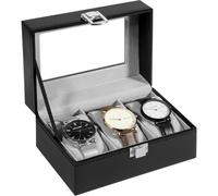 Uten Watch Box 3 Slots, Watch Case with Glass Lid, Metal Clasp, Watch Display Storage Box for Men and Women, Black Synthetic Leather, Grey Velvet Lining, Removable Pillows, Gift Idea