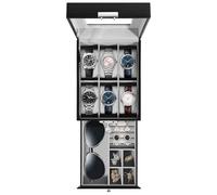 Uten Watch Box 6 Slots, 2-Tier Watch Case with Key Lock, Glass Lid, Watch Display Box for Men and Women, Black Synthetic Leather, Grey Velvet Lining, Removable Pillows, Jewelry Storage Box, Gift Idea