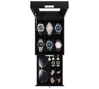 Uten Watch Box 6 Slots, 2-Tier Watch Case with Key Lock, Glass Lid, Watch Display Box for Men and Women, Black Synthetic Leather, Black Velvet Lining, Removable Pillows, Jewelry Storage Box, Gift Idea