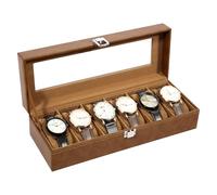 Uten Watch Box 6 Slots, Watch Case with Glass Lid, Metal Clasp, Watch Display Storage Box for Men and Women, Brown Synthetic Leather, Brown Velvet Lining, Removable Pillows, Gift Idea