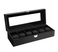 Uten Watch Box 6 Slots, Watch Case with Glass Lid, Watch Display Storage Box for Men and Women, Removable Watch Pillows, Metal Clasp, Black Synthetic Leather, Black Velvet Lining, Gift Idea