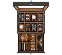 Uten Watch Box 8 Slots, 2-Tier Solid Wood Watch Case with Glass Lid, Metal Clasp, Watch Display Box for Men and Women, Removable Silk Cotton Pillow, Brown Lining, Jewelry Storage Box, Gift Idea