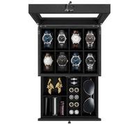Uten Watch Box 8 Slots, 2-Tier Solid Wood Watch Case with Glass Lid, Metal Clasp, Watch Display Box for Men and Women, Removable Silk Cotton Pillow, Black Lining, Jewelry Storage Box, Gift Idea