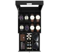Uten Watch Box 8 Slots, 2-Tier Watch Case with Key Lock, Glass Lid, Watch Display Box for Men and Women, Black Synthetic Leather, Black Velvet Lining, Removable Pillows, Jewelry Storage Box, Gift Idea
