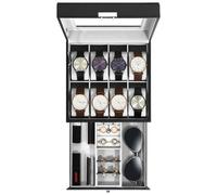 Uten Watch Box 8 Slots, 2-Tier Watch Case with Key Lock, Glass Lid, watch display box for Men and Women, Black Synthetic Leather, Grey Velvet Lining, Removable Pillows, Jewelry Storage Box, Gift Idea