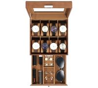 Uten Watch Box 8 Slots, 2-Tier Watch Case with Key Lock, Glass Lid, Watch Display Box for Men and Women, Brown Synthetic Leather, Brown Velvet Lining, Removable Pillows, Jewelry Storage Box, Gift Idea