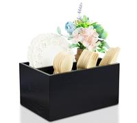 Utensil Caddy for Party - Black Wooden Silverware Holder with 4 Compartments for Plate, Cup, Fork, Spoon, Napkin - Paper Plate Organizer for Countertop - Cutlery Holder for Kitchen Camping Buffet