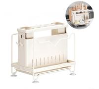 Utensil Drainer Rack with Cutting Board and Cutlery Holder, Carbon Steel Kitchen Storage Organizer for Forks, Spoons, Pot Lids, Sharpening Rods, Space-Saving Drying Rack for Countertop, White(Black)