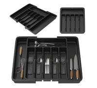 Utensil Drawer Organiser 6-8 Compartment Expandable Large Cutlery Tray for Kitchen, Adjustable Silverware Flatware Holder, Plastic Kitchen Spatula Tools and Gadgets Storage Divider, Black