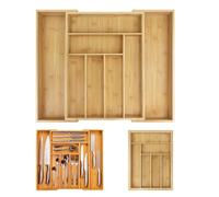 Utensil Drawer Organiser with 8 Slots, Expandable Bamboo Cutlery Tray for Kitchen Adjustable Flatware Holder, 32 to 52cm x 43cm x 5cm, Wooden Utensil Storage Holder