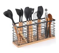 Utensil Holder for Kitchen Counter, Kitchen Countertop Utensil Organizer, Large Black Stainless Steel Utensil Crock with Wooden Base, 4 Compartments Kitchen Utensil Caddy for Modern house（Four）