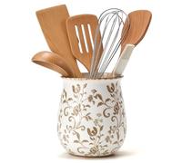 Utensil Holder for Kitchen Counter, Modern Farmhouse Cooking Utensil Holder and Crock Home Kitchen Decor, Ceramic Utensil Organizer for Spatula, Ladle, Eggbeater, Rolling Pin- Brown Flower Patterns