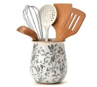 Utensil Holder for Kitchen Counter, Modern Farmhouse Cooking Utensil Holder and Crock Home Kitchen Decor, Ceramic Utensil Organizer for Spatula, Ladle, Eggbeater, Rolling Pin- Gray Flower Patterns