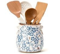 Utensil Holder for Kitchen Counter, Modern Farmhouse Rustic Cooking Utensil Holder and Crock, Exquisite Chinoiserie Floral Ceramic Utensil Organizer for Home Kitchen Decor- Blue and White Porcelain