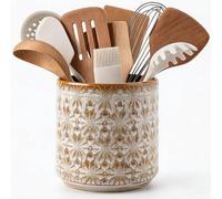 Utensil Holder Utensil Crock Rustic Embossed Ceramic Kitchen Utensil Holder - Farmhouse Decorative Countertop Organizer for Cooking Tools, Flowers, Coffee Pods, 5.3”x5.3” Vintage Beige