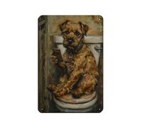 UTGN Border Terrier Sitting on Toilet with Retro Poster Metal Tin Sign Chic Art Retro Iron Painting Bar People Cave Cafe Family Garage Poster Wall Decoration 8x12inch(20x30cm)