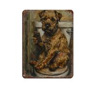 UTGN Border Terrier Sitting on Toilet with Retro Poster Metal Tin Sign Chic Art Retro Iron Painting Bar People Cave Cafe Family Garage Poster Wall Decoration 12x16inch(30x40cm)