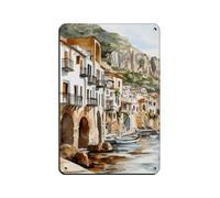 UTGN Cefalu Sicily Art, Italy Watercolor Painting Tin Sign Vintage Metal Pub Club Cafe Bar Home Wall Art Decoration Poster Retro 8x12inch(20x30cm)