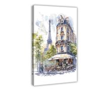 UTGN Paris Painting Parisian Cafe Watercolor Art Canvas Poster Bedroom Decor Landscape Decor Gift 12x18inch(30x45cm)