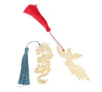UTHCLO 2pcs Vintage Dragon and Phoenix Tassel Bookmarks Set, Brass Alloy Metal Retro Chinese Style, Graduation Cardboard Packaging, Classic Reading Accessories