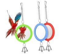 UTHCLO 3 Pcs Double Sided Round Bird Mirror with Bells Easy to Hang Cage Accessories for Parrots Cockatiels and Parakeets Red Green Blue Interactive Bird Cage Mirrors