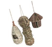 UTHCLO 3pcs Outdoor Hanging Birdhouse Set, Hand Woven Wooden and Grass Nest with Firm Base, Protective and Breathable Cottage for Finches and Canaries, for Garden and Patio Use
