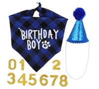 UTHCLO Dog Birthday Party Supplies Blue Bandana and Pompom Hat with Numbers for Dogs Comfortable Soft Fabric Puppy Birthday Decorations