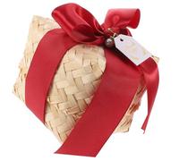 UTHCLO Handcrafted Bamboo Box with Lid and Wine Red Ribbon Small Square Woven Basket for Wrapping and Home Storage for Housewarming Shower Presents and Vintage Decor