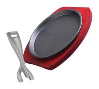UTHCLO Non-Stick Round Steak Grill Pan Thickened Iron Plate with Wooden Base Even Heat Conductivity for Home Cooking Versatile BBQ and Restaurant Serving Tray Random Color