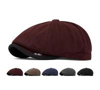 UTHDLM Men's Herringbone Flat Cap, Eight-Panel Fleece Lined Beret Hat, Vintage Newsboy/Peaky Cap, Autumn & Winter, Suitable for Daily Use, Driving, Gardening, Camping, Golf(Burgundy)