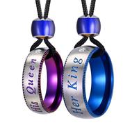 UTHOSMDO 2 Piece Valentine's Day about His Queen Her King Couples Necklace Set, Stainless Steel Ring Pendants with Cubic Zirconia, Color Changing Mood Bead, Adjustable 31.5 Inch Black Nylon Rope