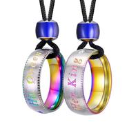 UTHOSMDO 2 Piece Valentine's Day about His Queen Her King Couples Necklace Set, Stainless Steel Ring Pendants with Cubic Zirconia, Color Changing Mood Bead, Adjustable 31.5 Inch Black Nylon Rope