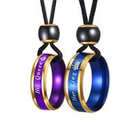 UTHOSMDO His Queen Her King Couples Necklace Set, Purple and Blue Stainless Steel Rings, Black Cord Couple Necklace Gifts for Lovers, Adjustable, Stainless Steel Nylon Cord, No Gemstone