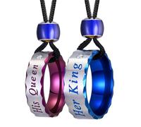 UTHOSMDO His Queen Her King Couples necklaces for Valentine's Day, Color Changing Mood Bead, Blue and Pink Stainless Steel rings, Adjustable Nylon Rope Necklace set, 80cm, Stainless Steel, No Gemstone