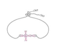 UTHOSMDO Pink Round Centre Cross Bracelet, Adjustable Chain with Cubic Zirconia Stones, S Gold and Silver Finish, Adjustable, Stainless Steel, no gemstone