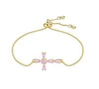 UTHOSMDO Pink Round Centre Cross Bracelet, Adjustable Chain with Cubic Zirconia Stones, S Gold and Silver Finish, Adjustable, Stainless Steel, no gemstone