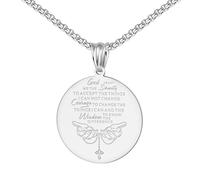 UTHOSMDO Serenity Prayer Necklace, Stainless Steel Chain, Religious Scripture Pendant, Polished Stainless Steel, Round Medallion with Cross Design, 60cm, Stainless Steel, No Gemstone