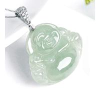 UTHTY Feng Shui Wealth Jade Necklace for Women Natural Jadeite Jade Laughing Buddha Maitreya Buddha Pendant Necklace Silver Clip Clasp Silver Chain Amulet Attracting Wealth