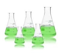 Utile 5 Size of Narrow Mouth Glass Erlenmeyer Conical Flasks, Vol. 50ml 150ml 250ml 500ml and 1000ml, Borosilicate 3.3 Glass with Printed Graduation, 4016.9913.1
