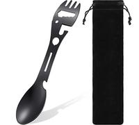 Utility Camping Spork 8 in 1 Travel Stainless Steel Cutlery Set with Pouch | Spoon Fork Knife Can Opener Combo, Portable for Backpacking Hiking Travel, Durable Steel Build, Storage Bag Included