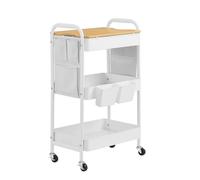 Utility Cart with Tabletop, 3-Tier Rolling Organizer, Removable Hanging Cups, for Kitchen, Office, Living Room, White