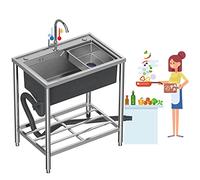Utility HJYBFA HJYBFA Single Bowl Hand Wash w/Cold and Hot Faucet Indoor Commercial Basin with Stand for Laundry Outdoor Garage Restaurant