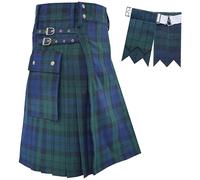 Utility Kilt - 5 Yard 16oz Acrylic Wool Tartan - Scottish Modern Utility Kilts for Men, Adjustable Strap - Traditional Highland Costume - Cargo Kilt (Black Watch, Belly Button - 32" Inches)
