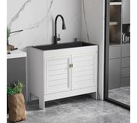 Utility Laundry Sink with Cabinet - Freestanding Kitchen Sink with Faucet & Storage Shelves Draining Board for Garage Restaurant Home Laundry Outdoor & Indoor Use - Faucet Included