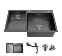Utility Laundry Sink With Washboard, 60/70/80cm Stainless Steel Sink, Double Bowl Home, Topmount, For Laundry Room & Balcony, Available In Silver And Black(Black,80X48CM_LEFT)