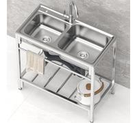 Utility Sink 2 Compartment, Commercial Kitchen Stainless Steel Sink with Tap & Shelves Anti-Overflow for Business Restaurant, Cafe, Bar, Hotel, Garage, Laundry Room, Outdoor