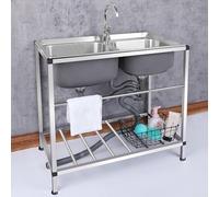 Utility Sink 2 Compartment Free Standing Commercial 304 Stainless Steel Sink Double Bowl, for Restaurant, Kitchen, Hotel, Bar, Garage, Outdoor